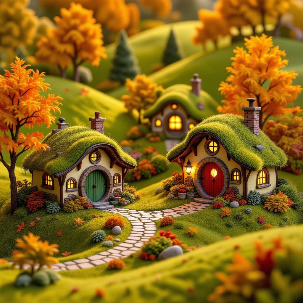 Whimsical Hobbit Village Autumn Scenes in Storybook Style