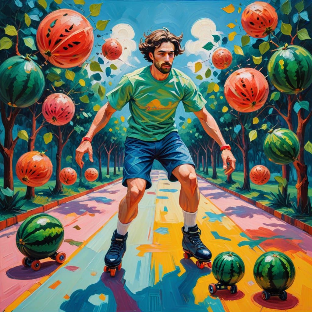 Whimsical Roller Skater Surrounded by Buffalo and Surrealist...