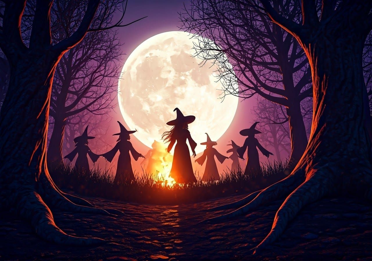 Witches Silhouettes Dance Under Full Moon: Dark Fantasy Art