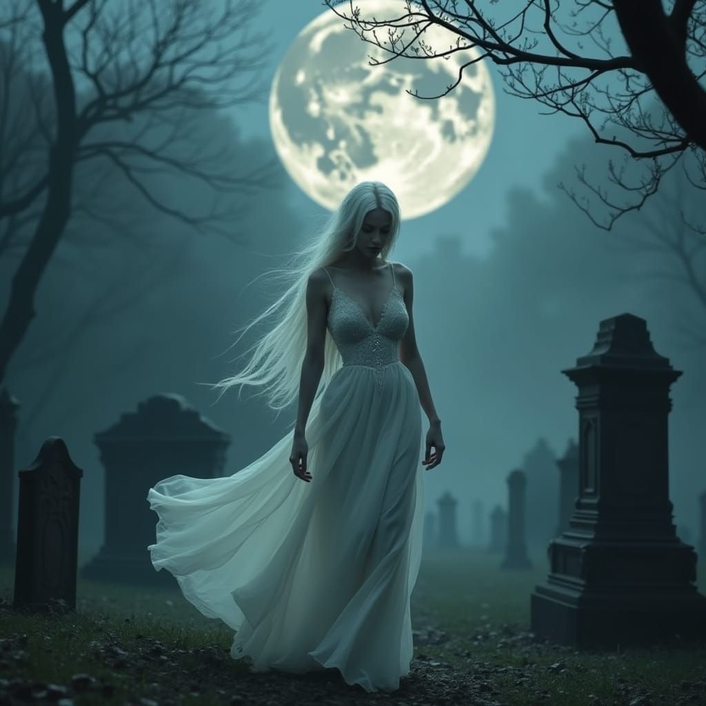 Ethereal Woman in Gauzy Evening Gown Walks through Foggy Gra...
