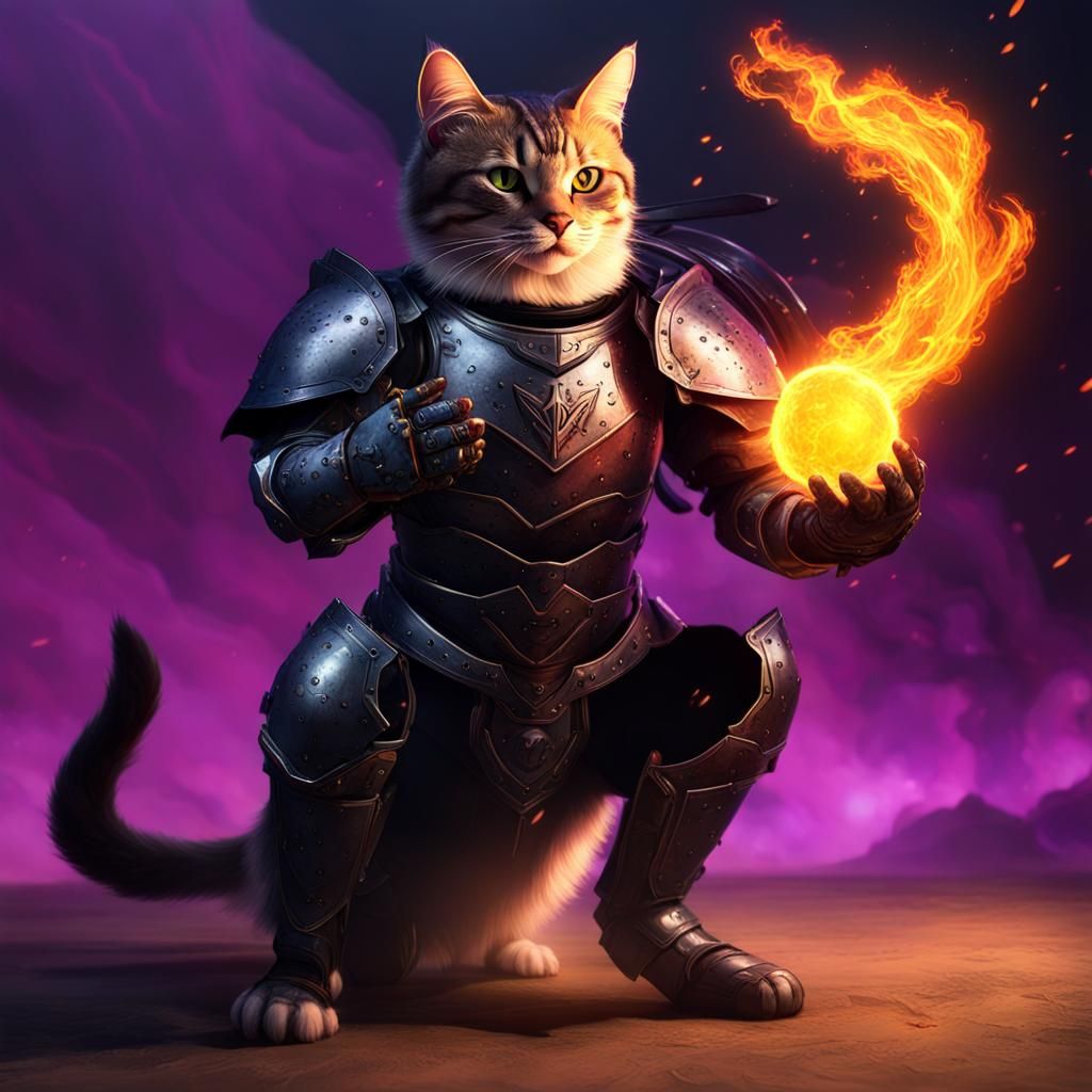 Armored Cat Wields Fireball: Dark Fantasy Art
