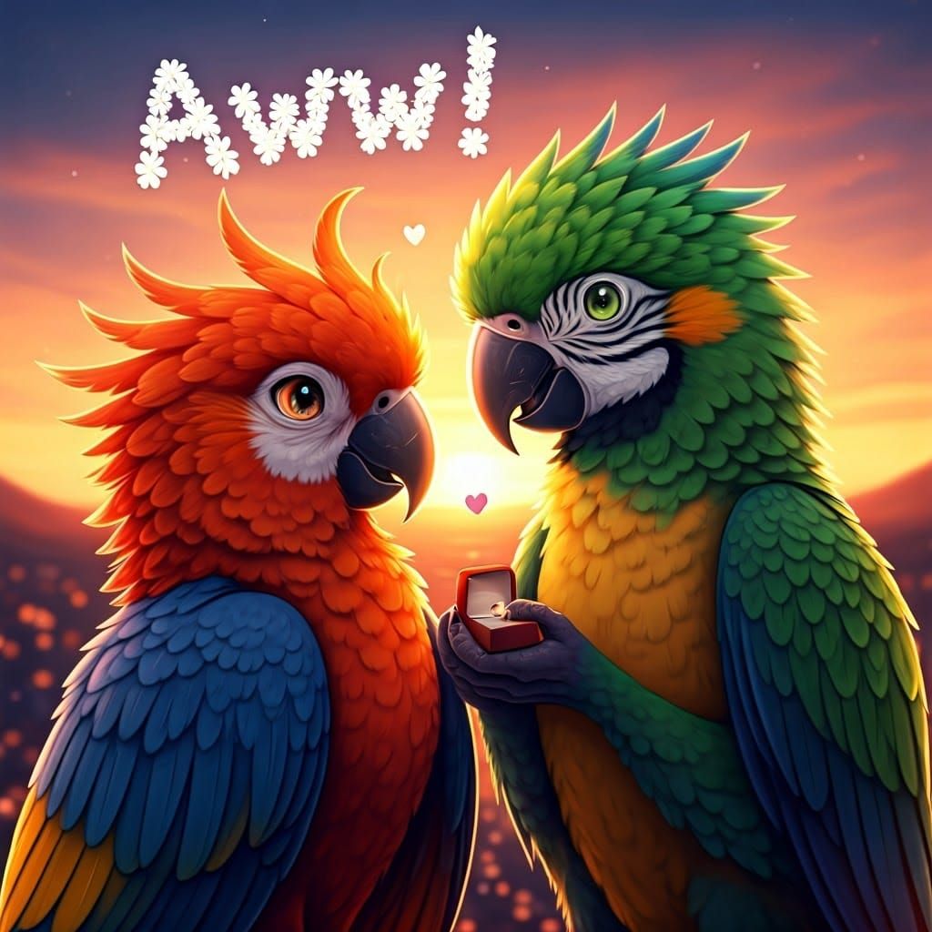 Anime Parrots in Love at Sunset with Floral Message