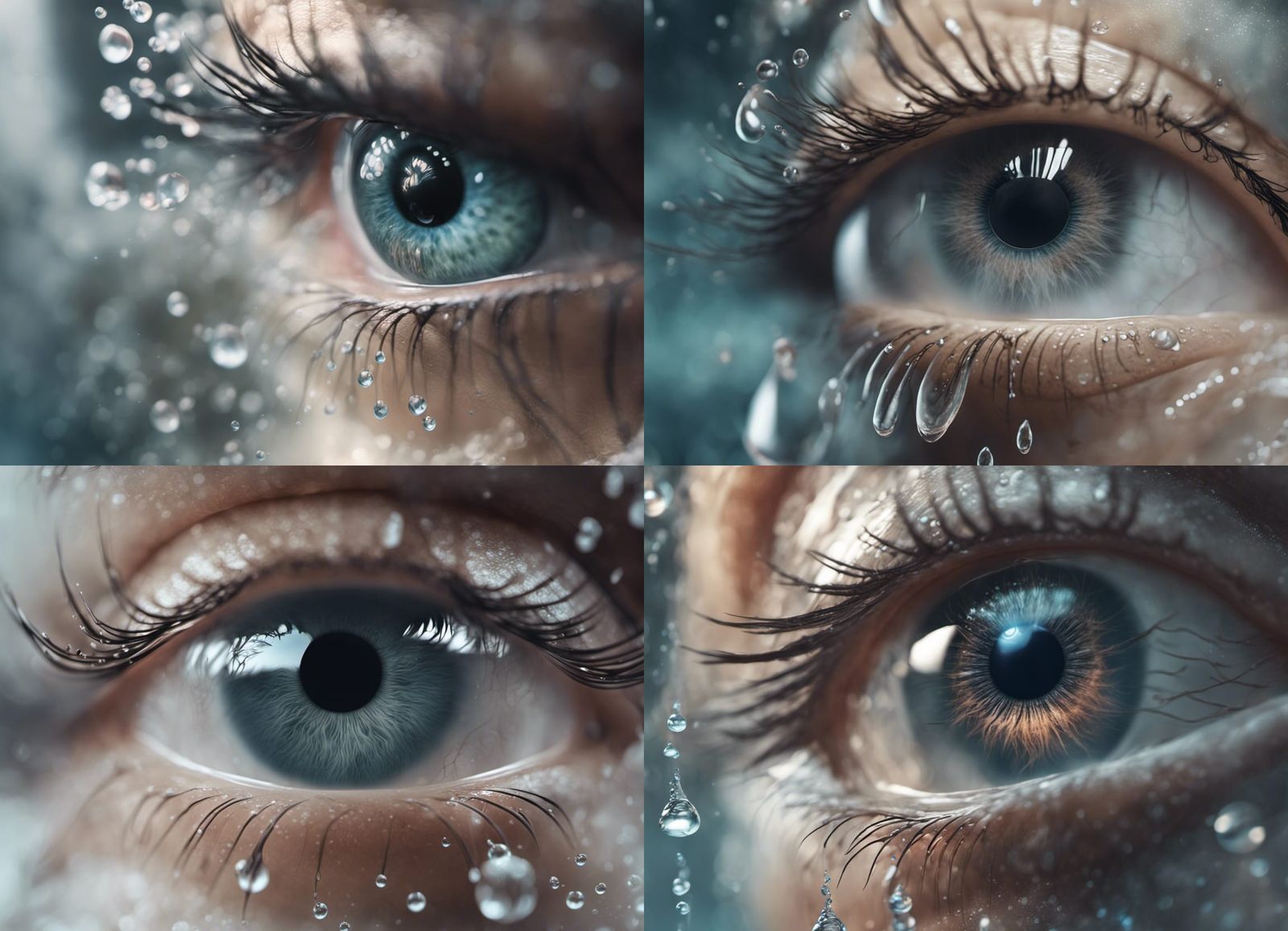 “Macro shot of a delicate ethereal [colour] eye, surrounded by soft wispy smoke tendrils and aesthetic water droplets, b...