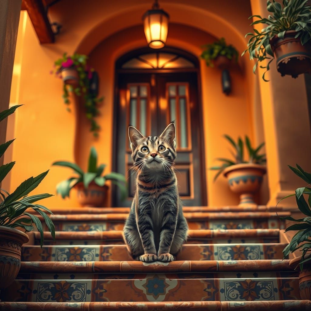 Whimsical Cat on Spanish Porch