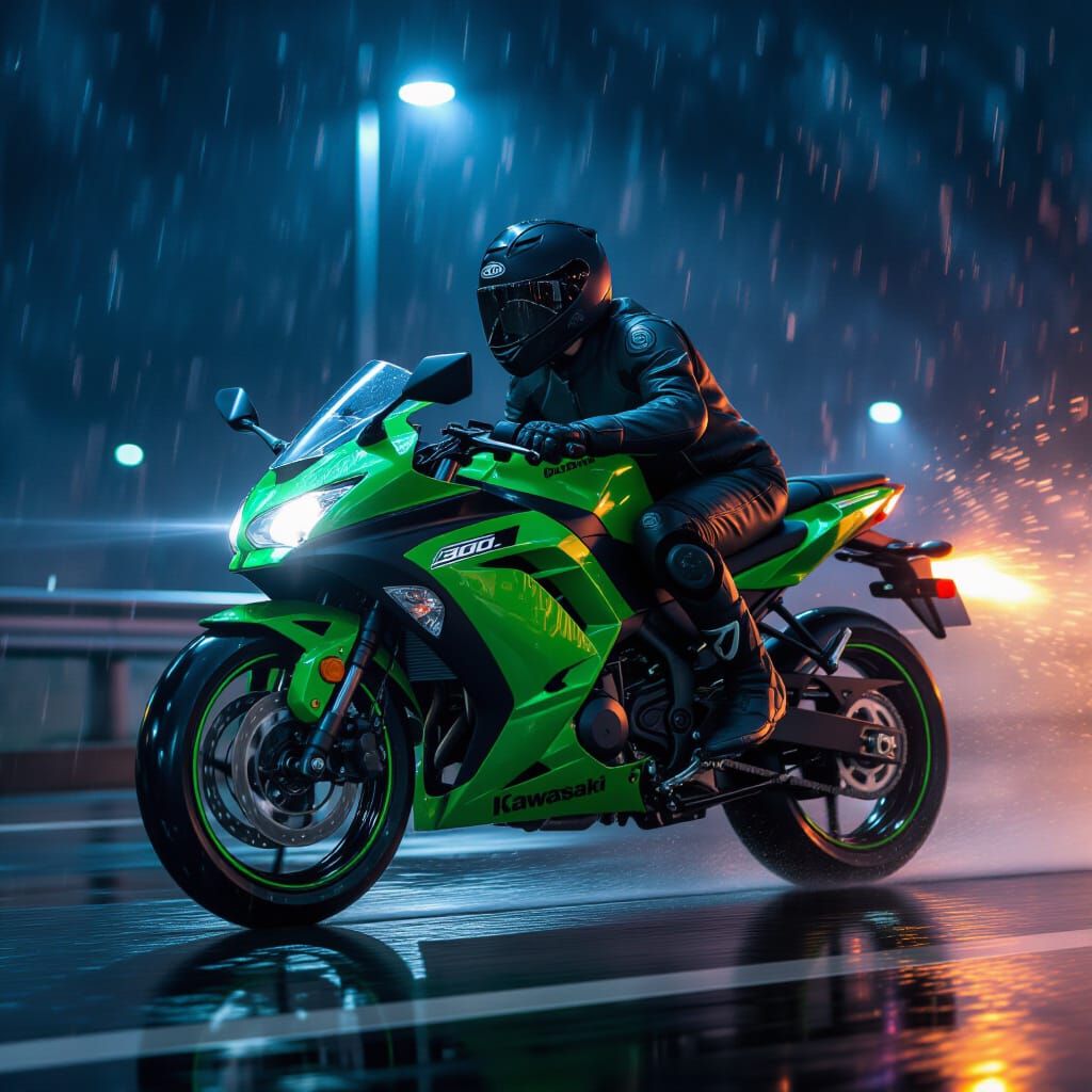 Kawasaki Ninja 300 ABS Action Shot in Rain
