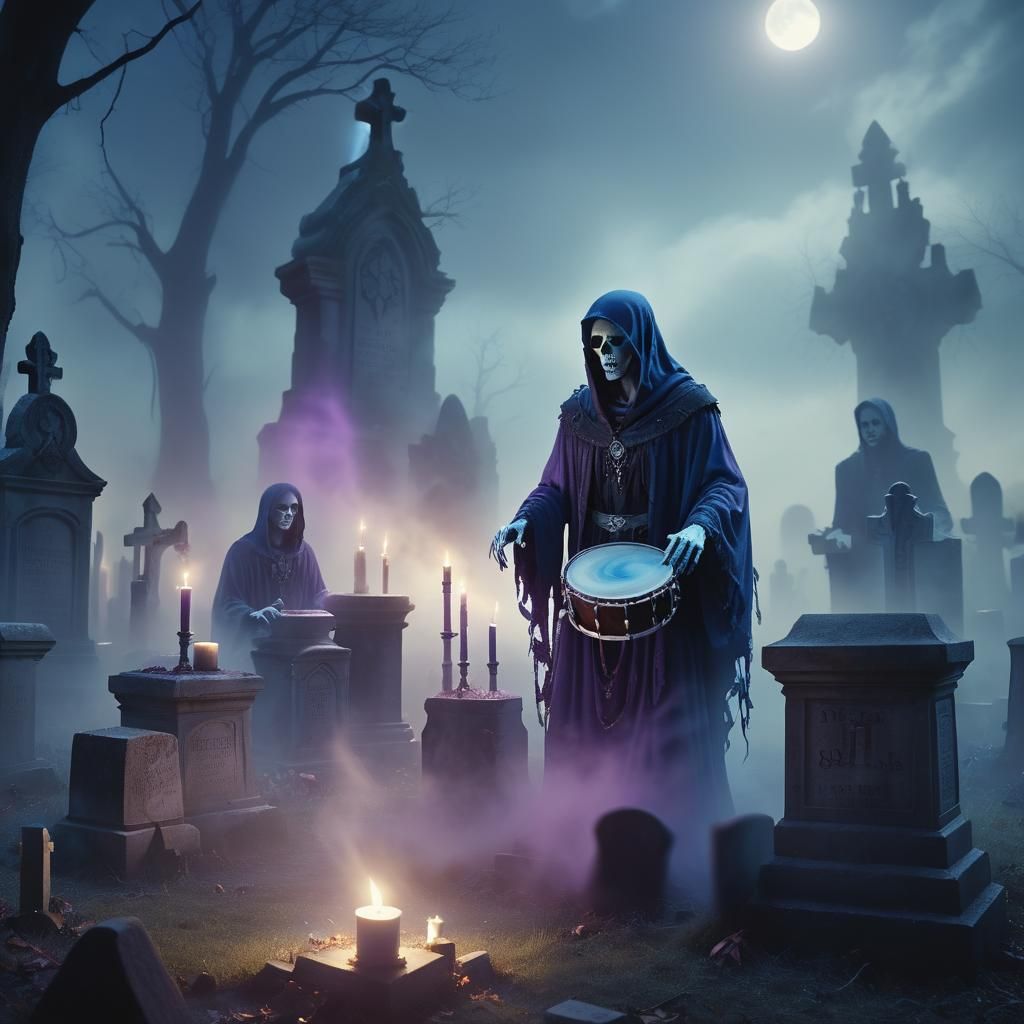 Spectral Drummer in Graveyard Band, Dark Fantasy Art
