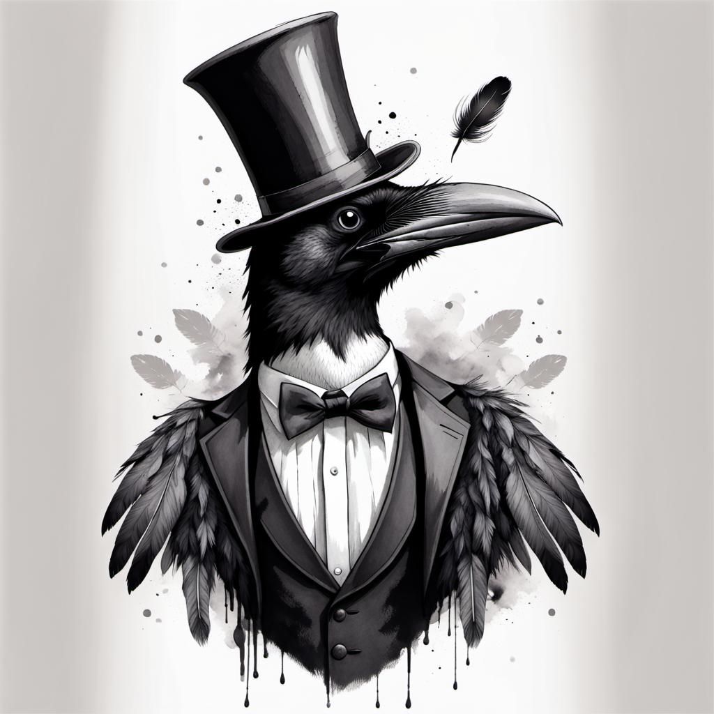 Anthropomorphic Crow in Tuxedo, Ink Drawing