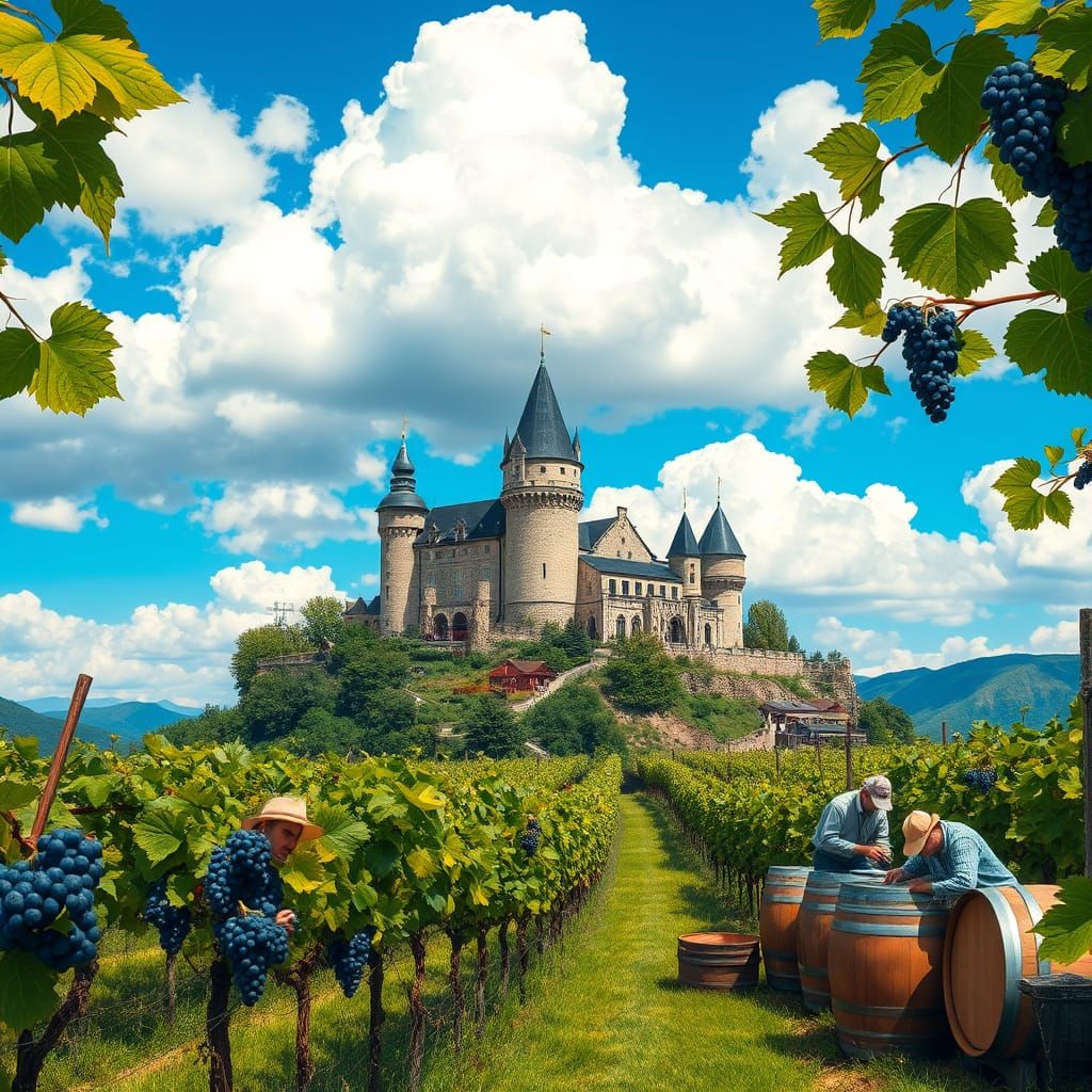 Vineyard Landscape with Castle and Farmers