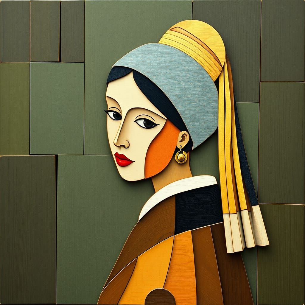 Wooden Mosaic Girl with Pearl Earring in Cubist Style