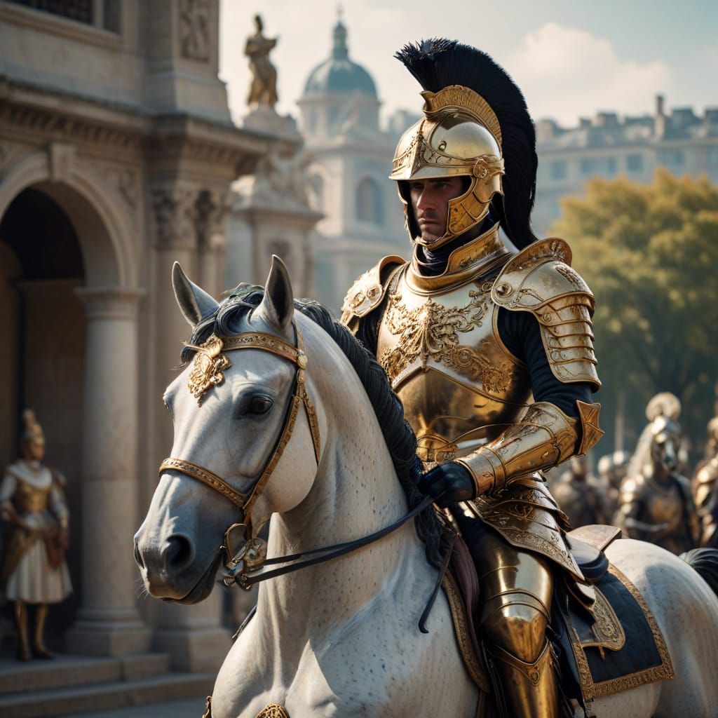 Cuirassier on Horseback by Dioscuri Statue in Parade Armor