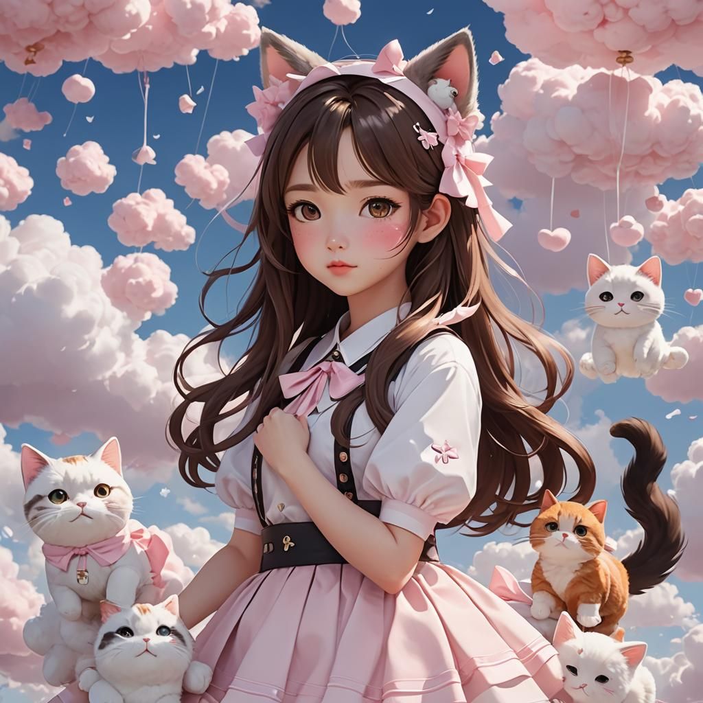 Anime Girl in Kawaii Dreamscape: 3D Render