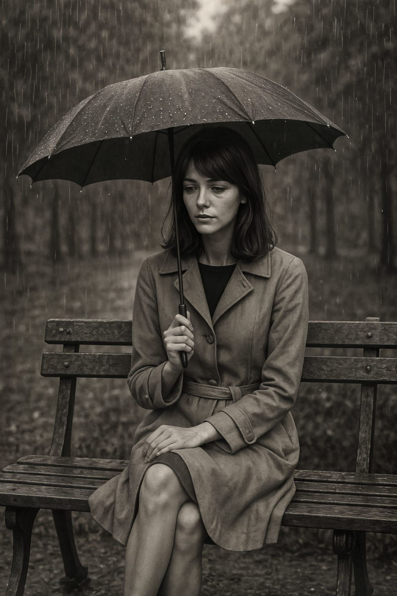 Vintage Parisian Woman in Rainy Black and White Photo