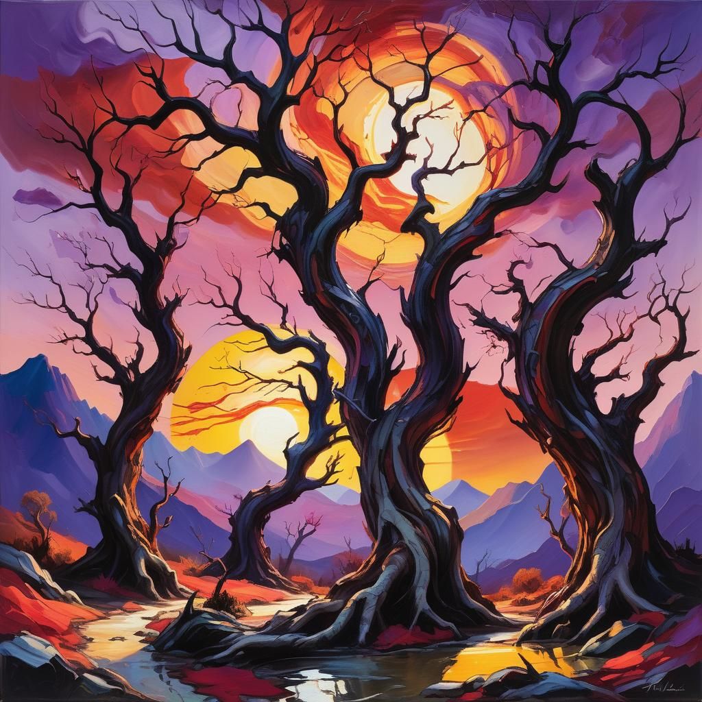 Surreal Landscape with Red Sun as Impasto Painting