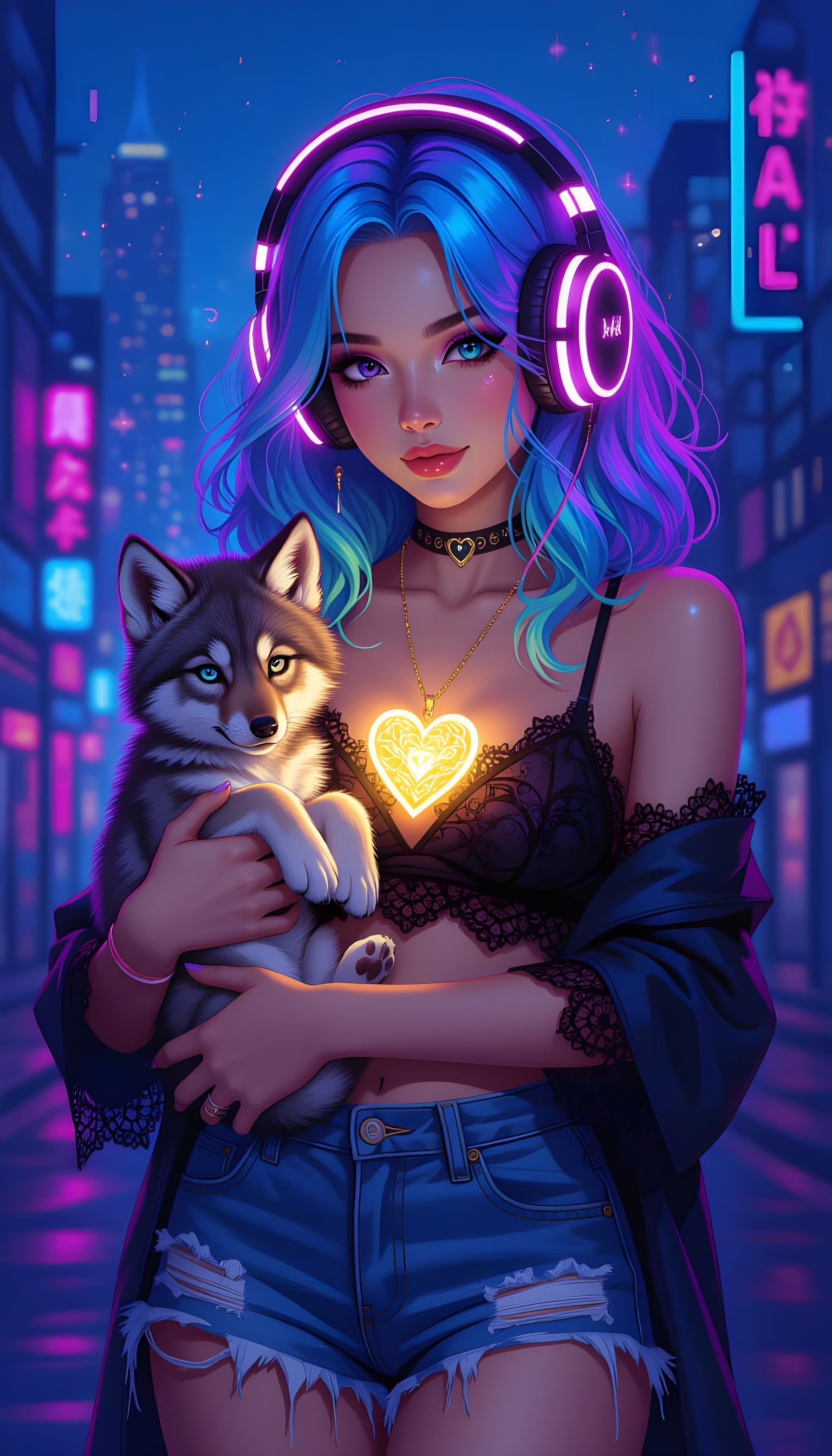Boho Woman with Wolf Cub in Digital Art Style