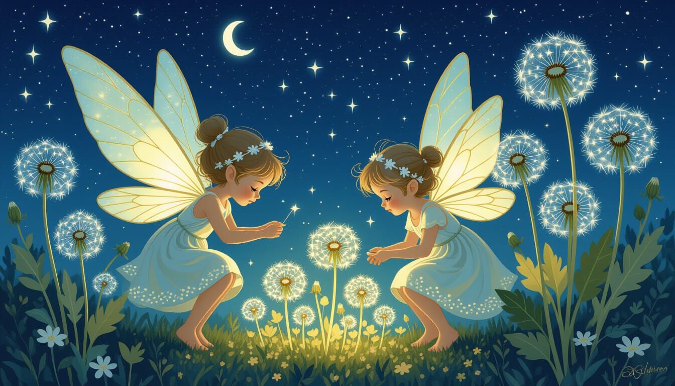 Enchanted Sprite Garden Illuminated by Glowing Dandelions