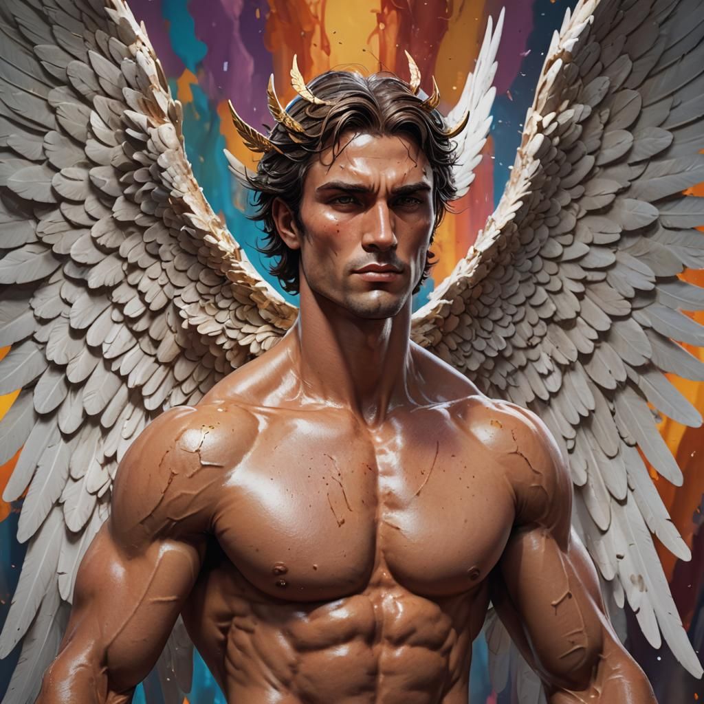 an shirtless man angel chad muscular perfect bone structure amazingly detailed wings beautiful face