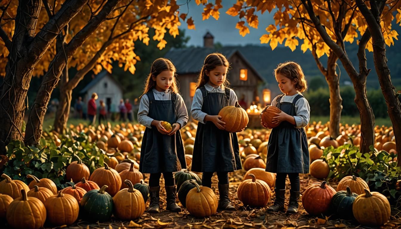 Children Gathering Gourds in Hyperrealistic Harvest Scene