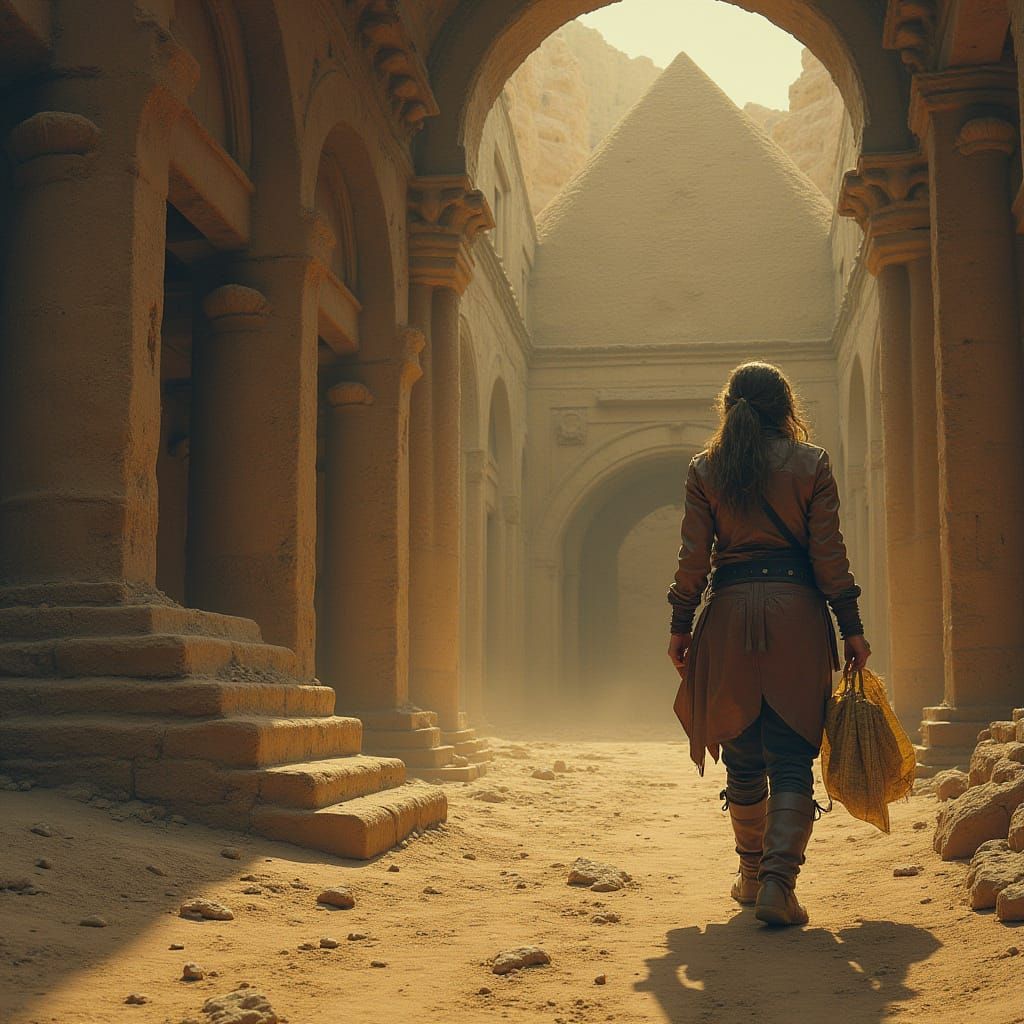 Explorer Enters Desert Pyramid with Map and Torch