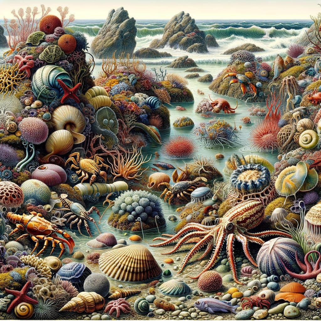 Vibrant Tide Pool teeming with Sea Life in Triadic Colors