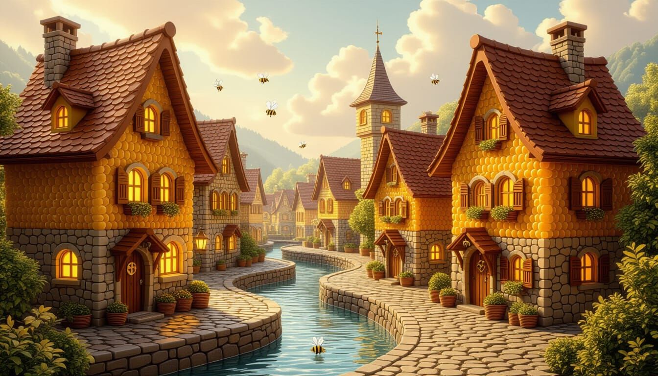 Whimsical Honey Village Illustration with Golden Light