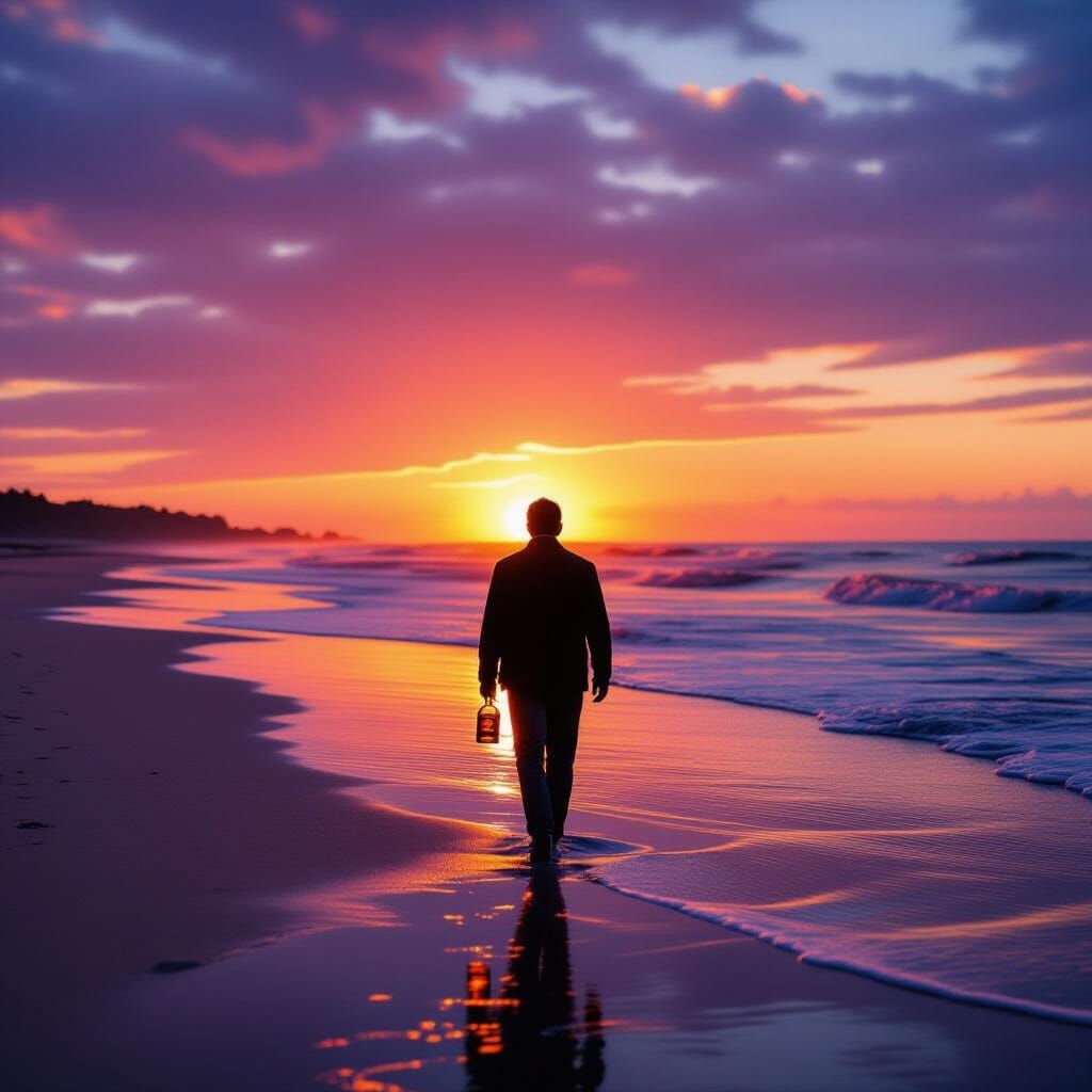 Man with Whisky on Beach at Sunset