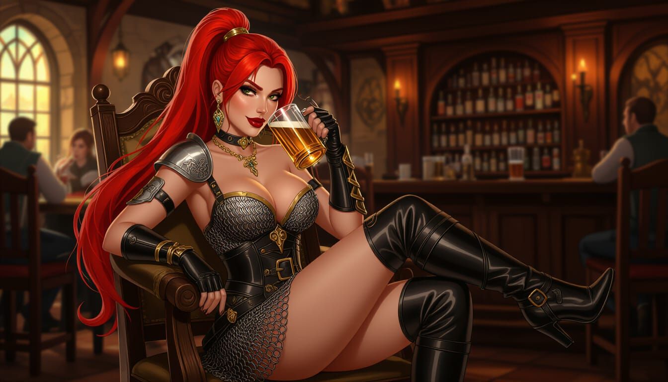 Fantasy Adventurer Woman Drinks Beer in Tavern