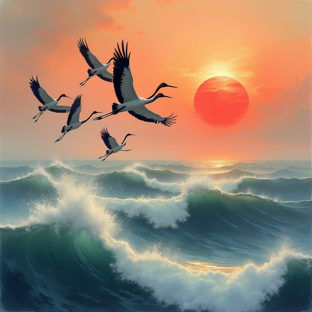 Four Cranes Fly Over Waves at Sunset in Painterly Style
