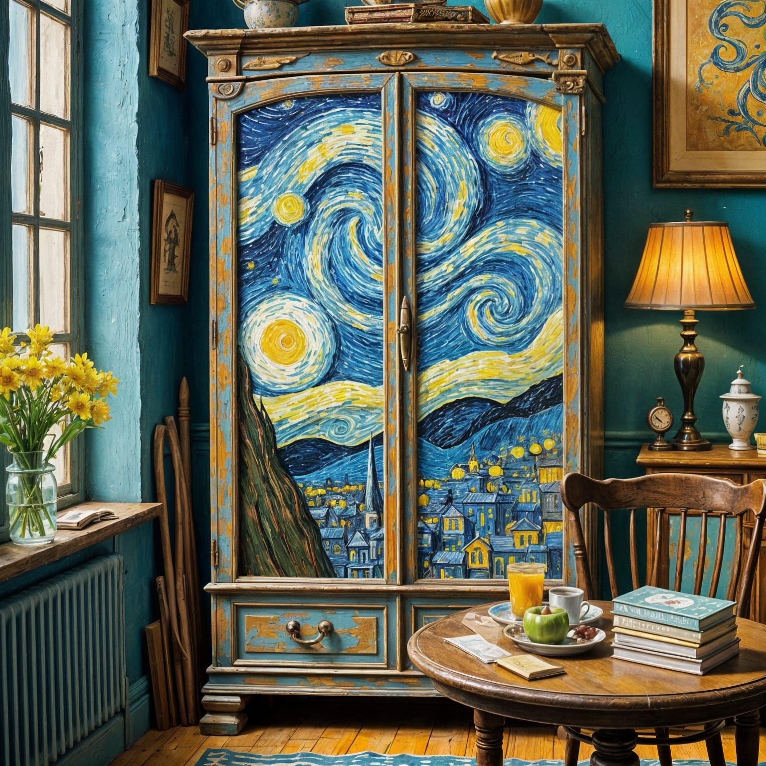 Vintage Wardrobe with Van Gogh Impressionist Style