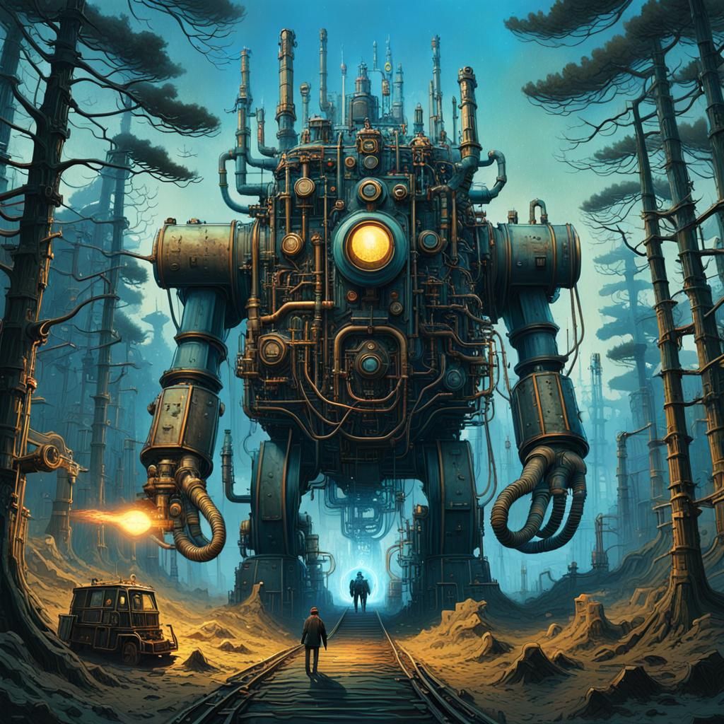Dieselpunk Behemoth Emerges from Mystical Forest