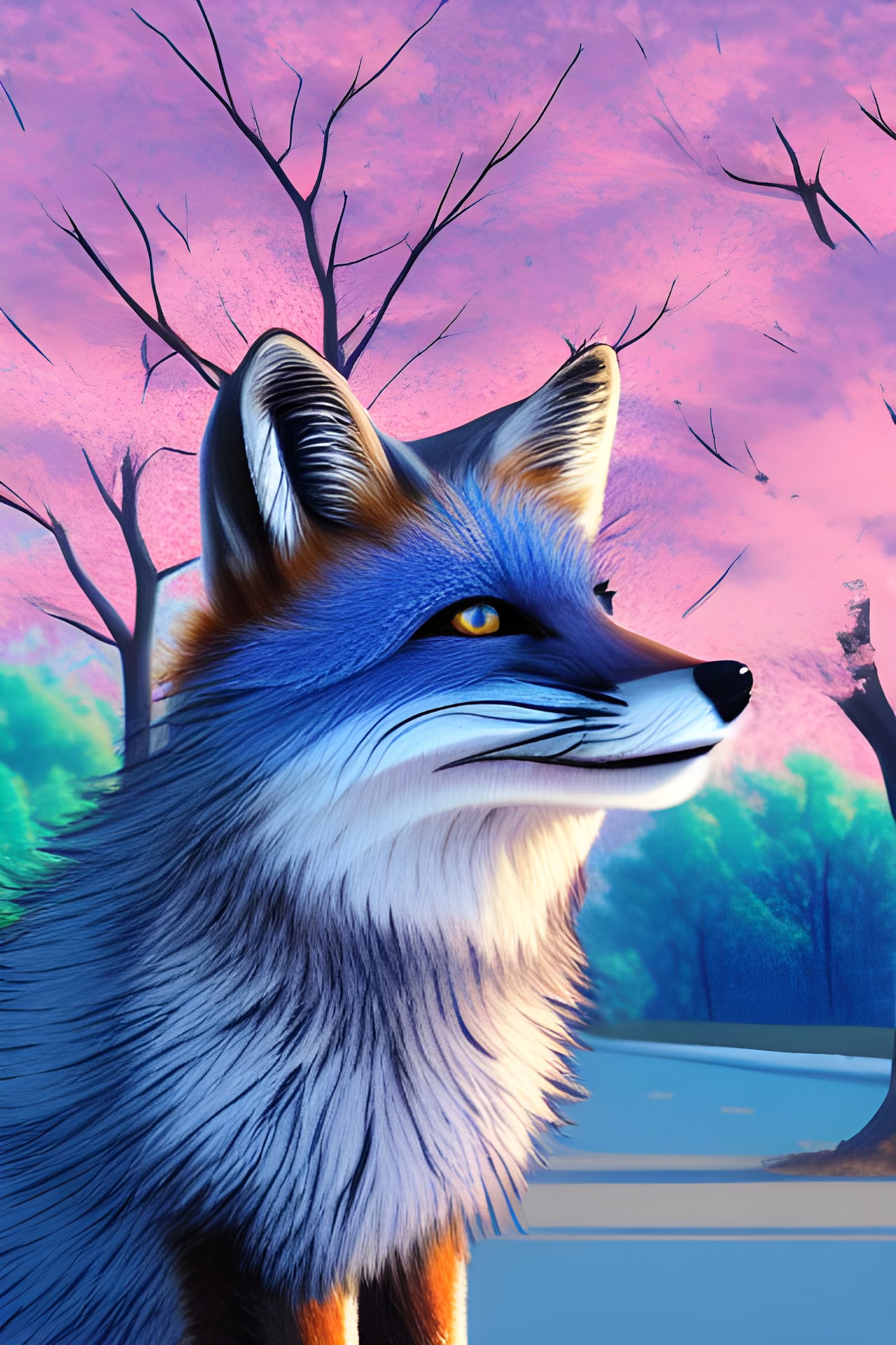 Blue Fox Among Cherry Blossoms: Digital Illustration