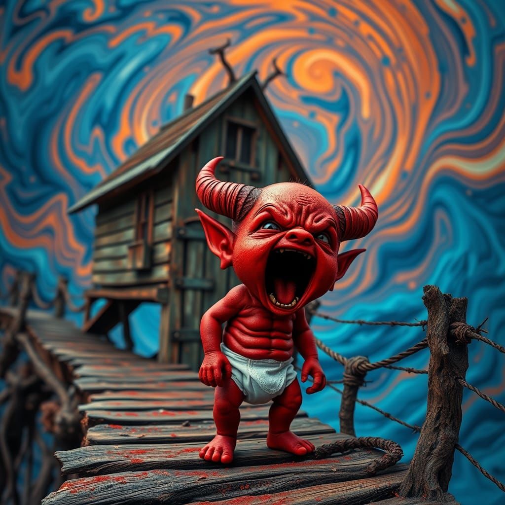 Hyperrealistic Devil Screaming on Bridge