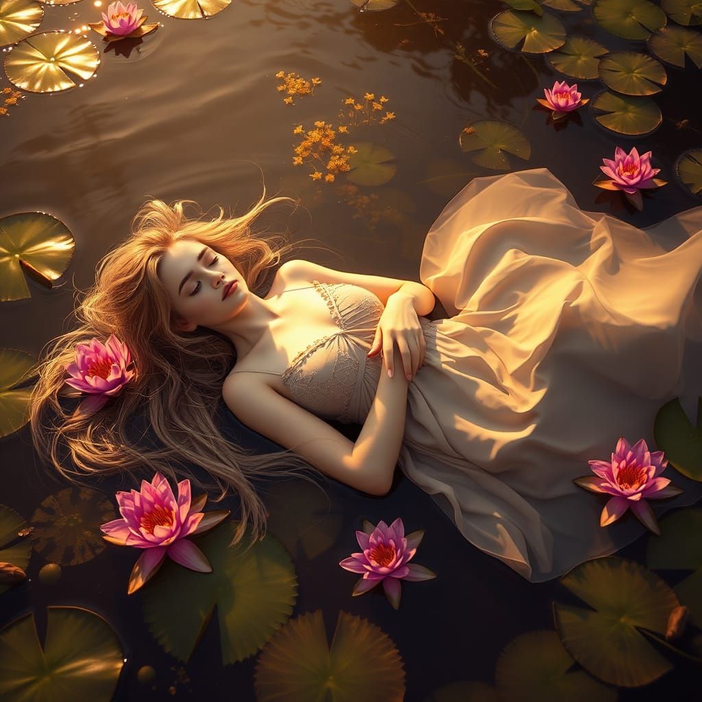 Dreamlike Woman on Lake with Water Lilies