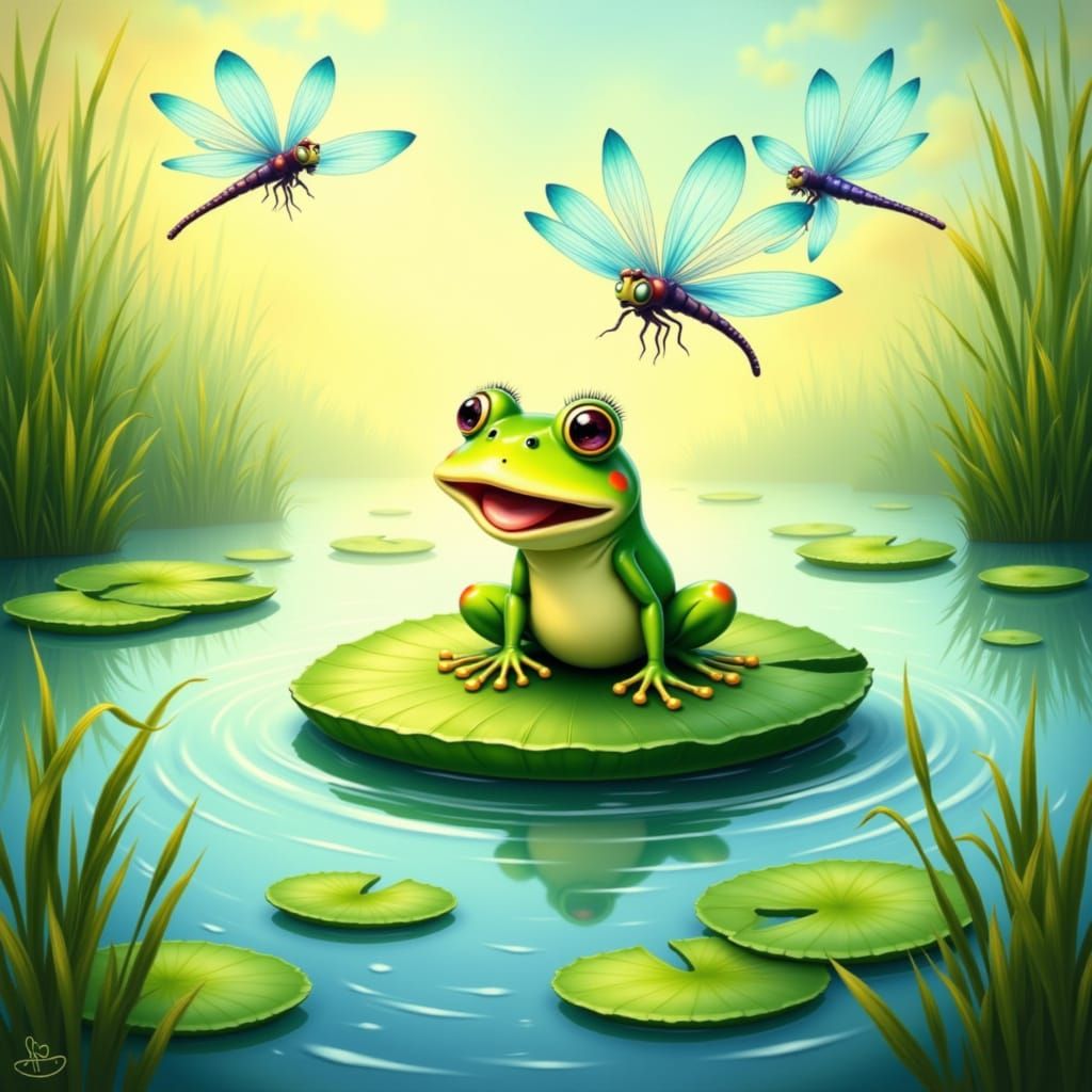 Frog's Triumph on Lily Pad Amidst Dragonflies