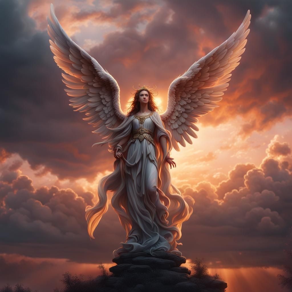 Biblically Accurate Angel in Sunset, Detailed Matte Painting