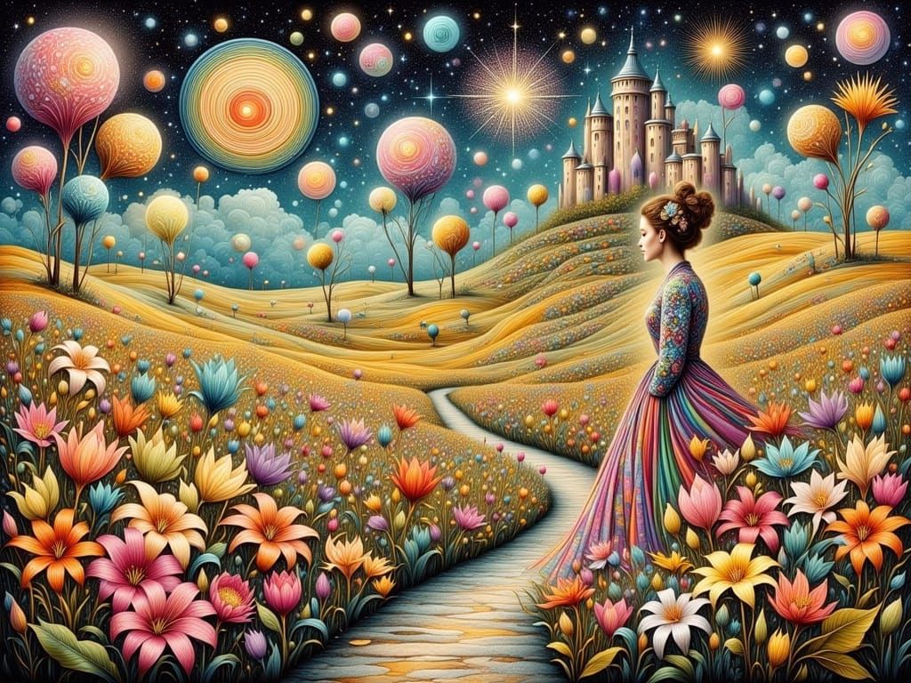 Medieval Lady in Lily Field as Organic Surrealism