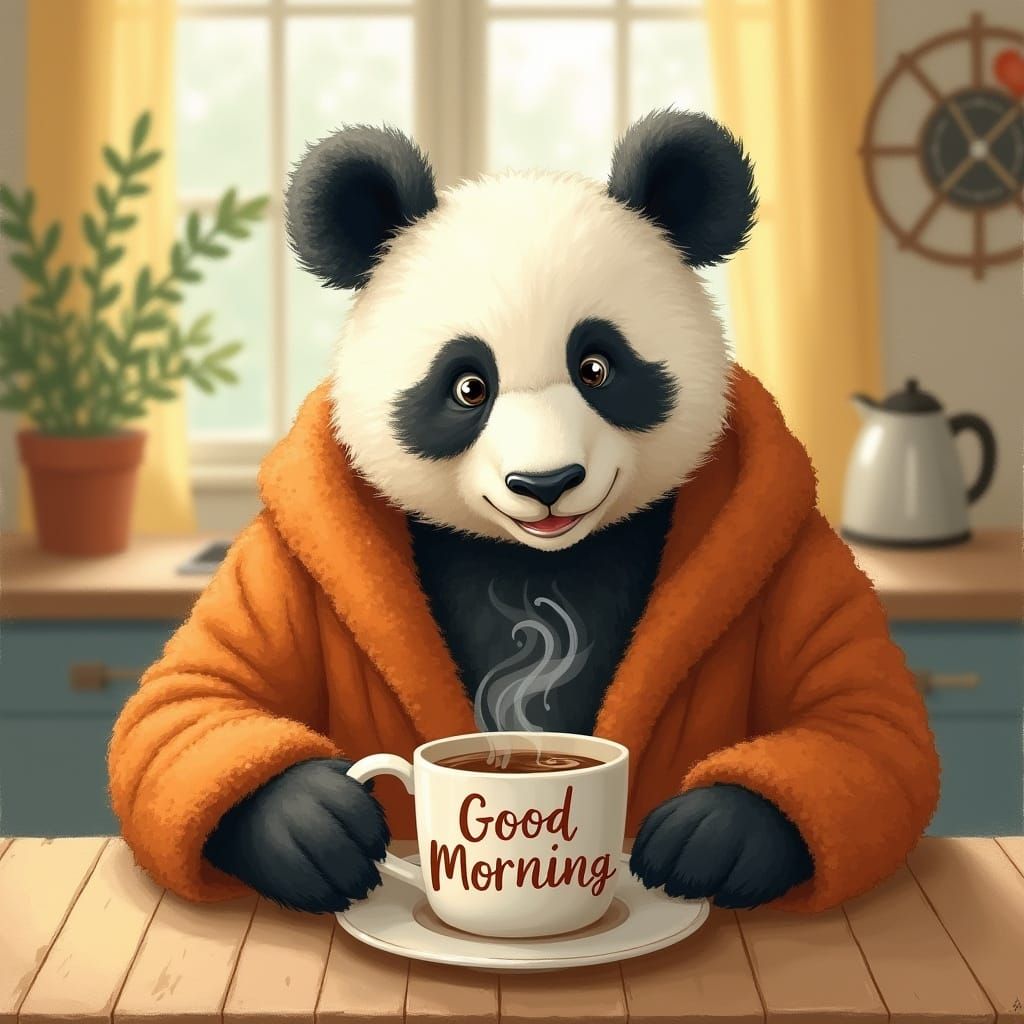 Cozy Panda Morning Scene in Whimsical Illustration Style