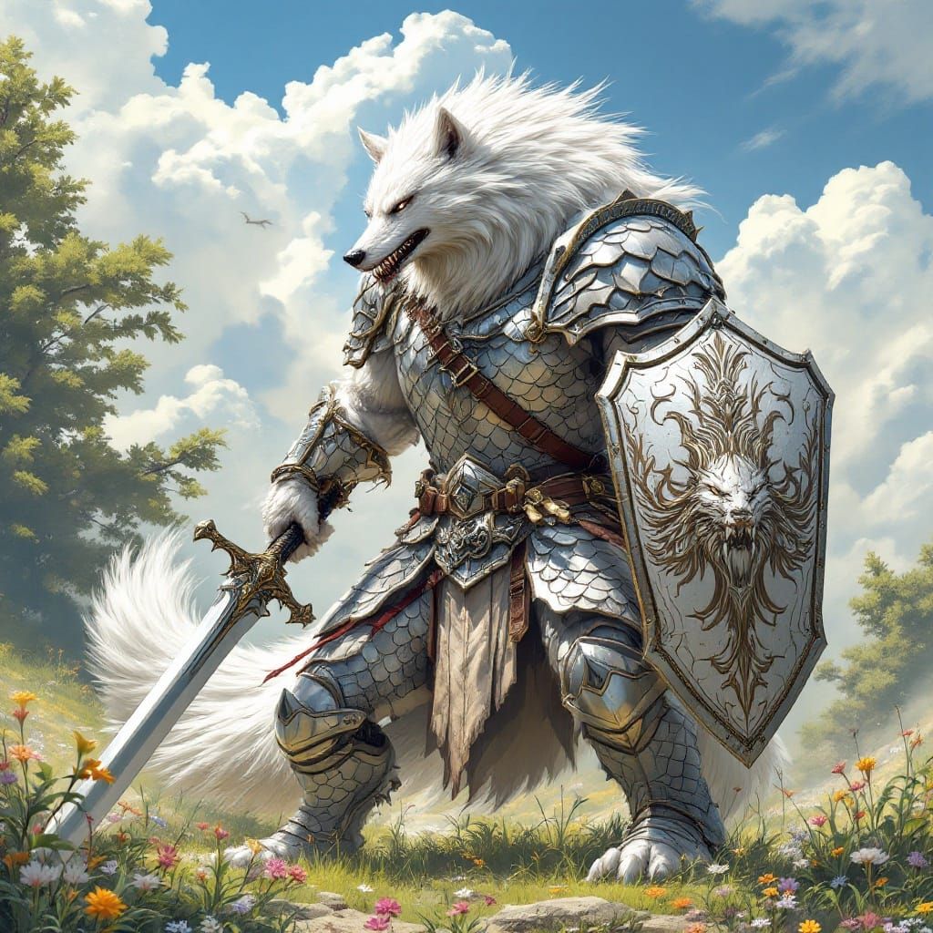 Majestic White Fenrir Wolf in Plate Mail Armor Wields Great ...