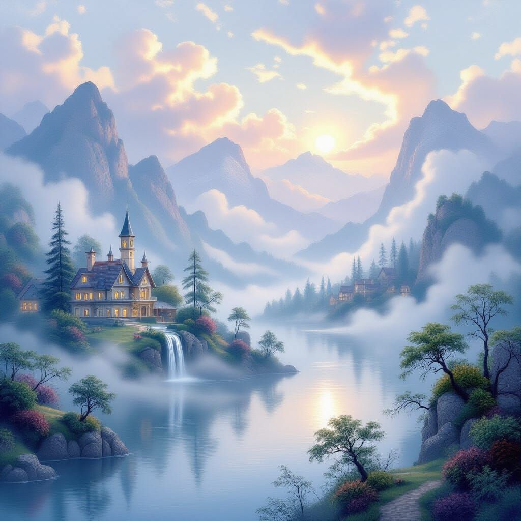 Ethereal Fantasy World Landscape in Art Nouveau Style