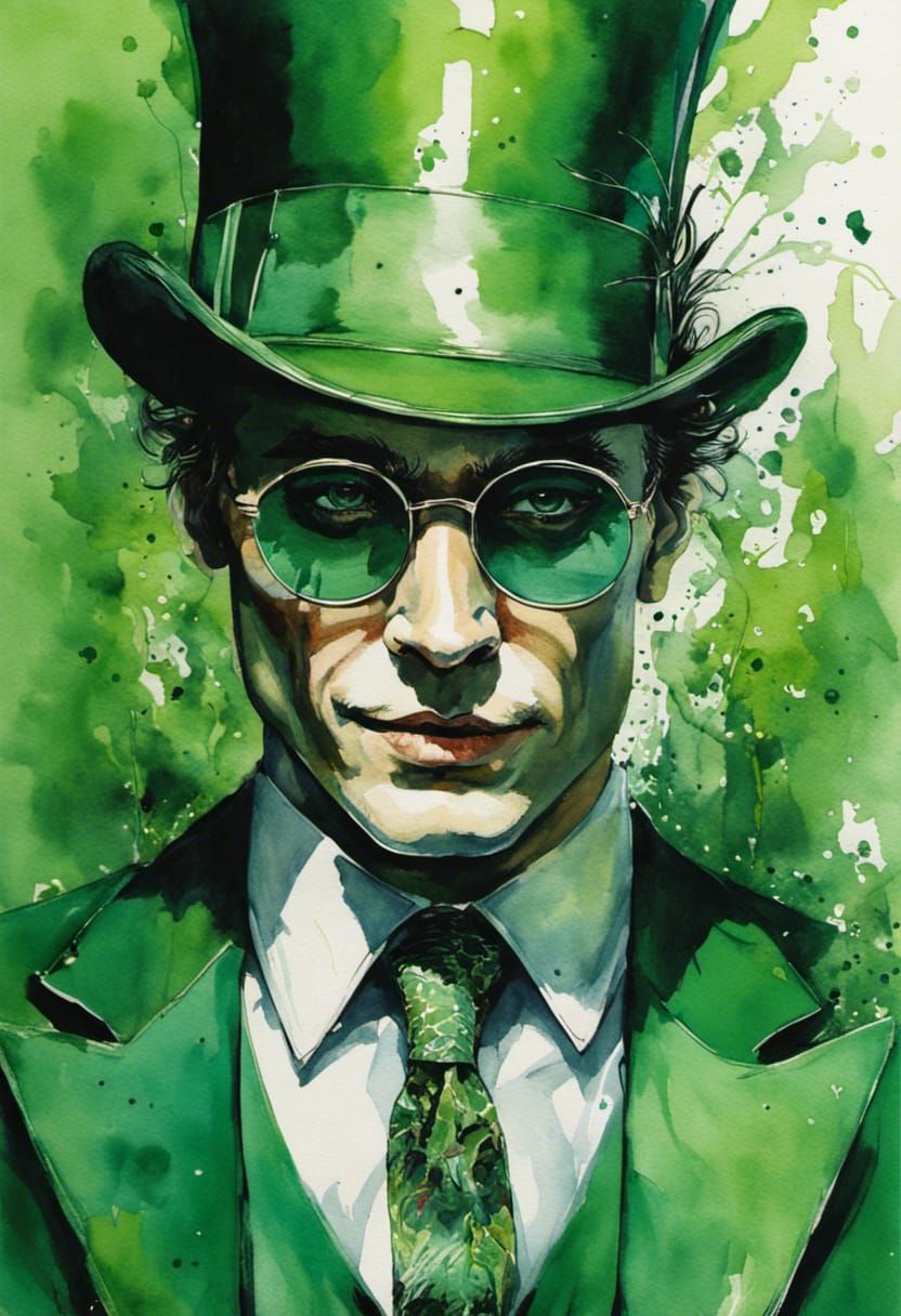 Elegant Riddler in Green Suit: Watercolor Painting