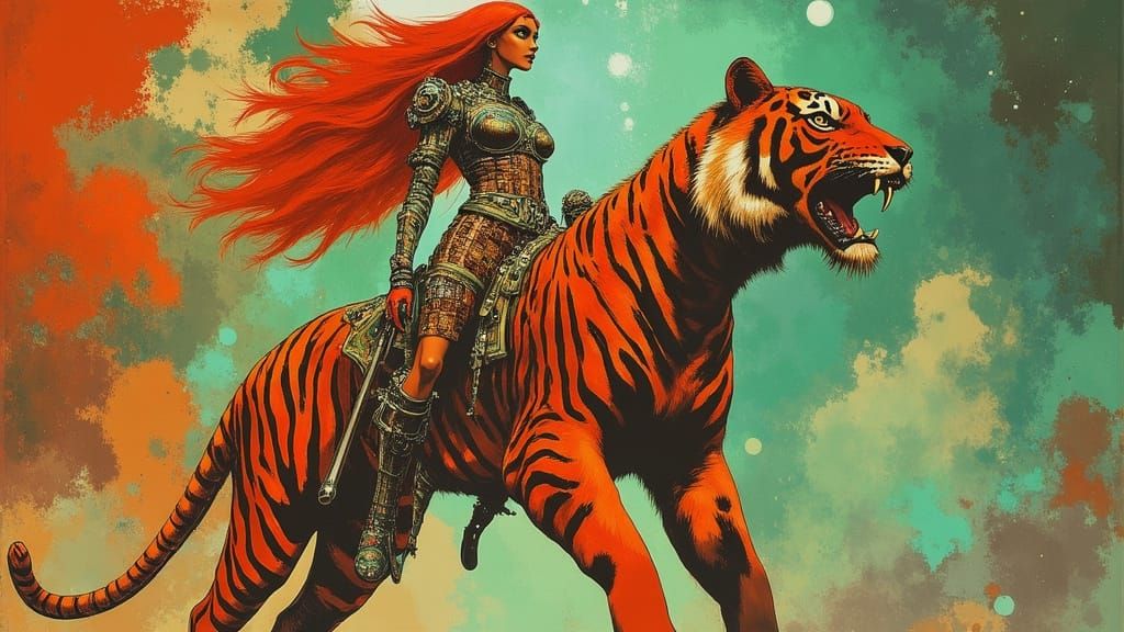 Epic Red Sonja on a Striped Saber-Toothed Tiger in a Vibrant...