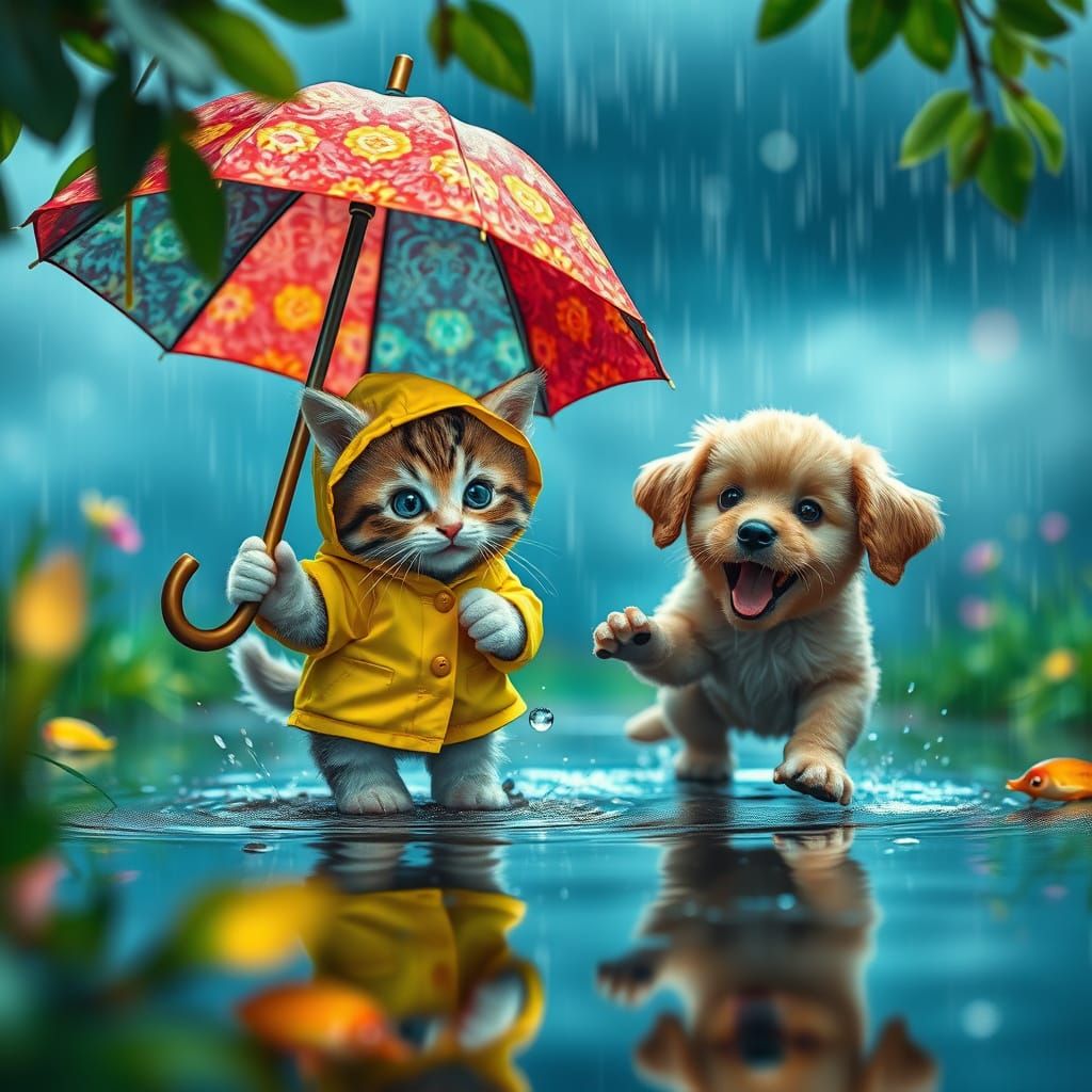 Kitten and Puppy Play in Rainy Mosaic Wonderland