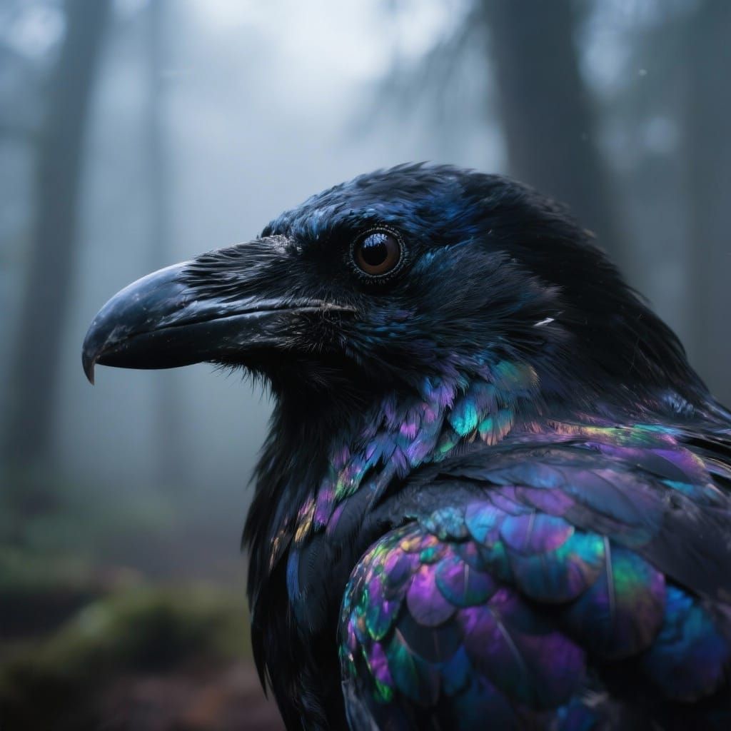 Hyperrealistic Raven Portrait with Iridescent Feathers