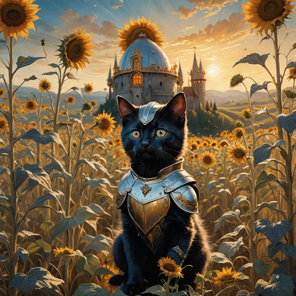Kitten Knight in Golden Sunflower Field