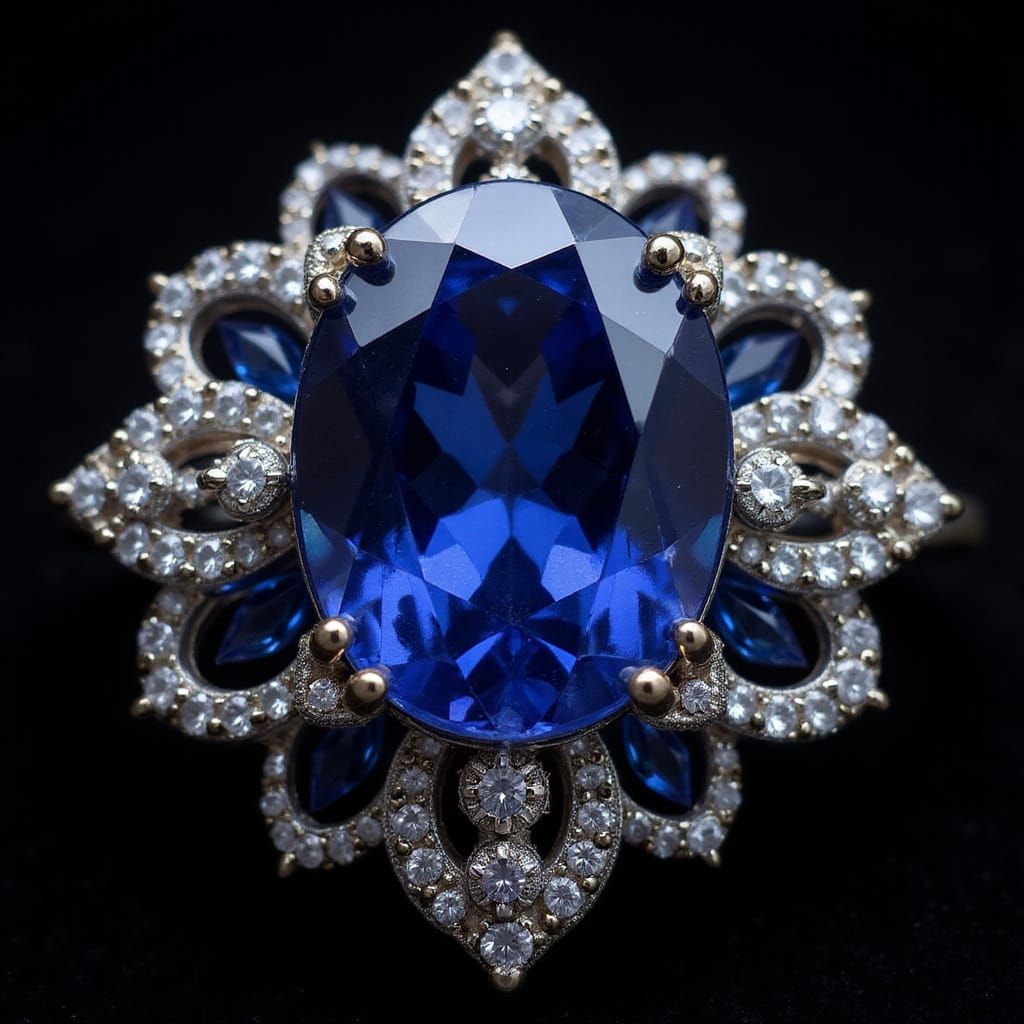 Luxurious Faceted Sapphire on Black Background, Fine Jewelry...