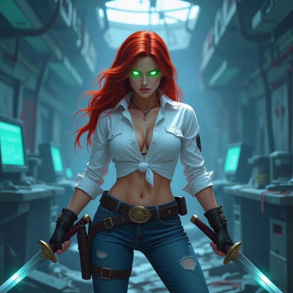 Cowgirl Amidst Ruins With Dual Katanas