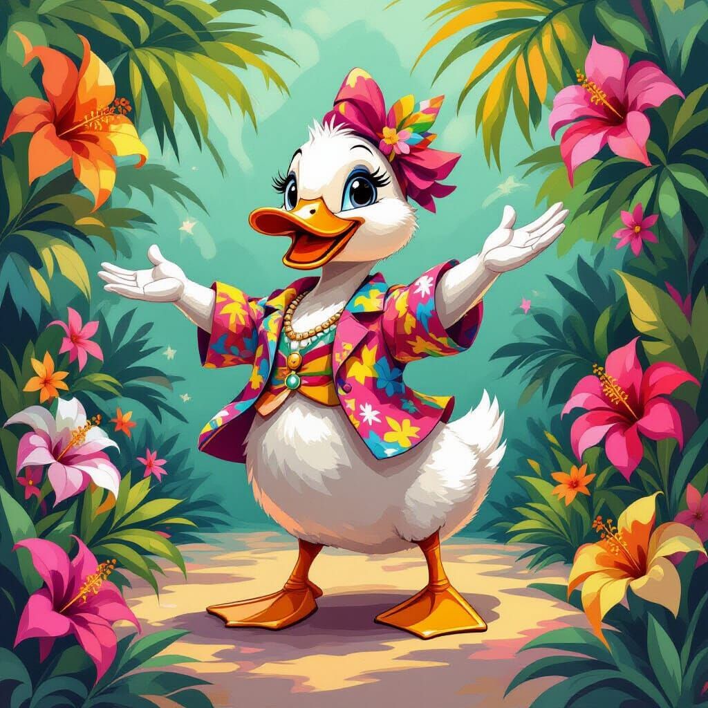 Duck Dances Salsa in Colorful Floral Scene