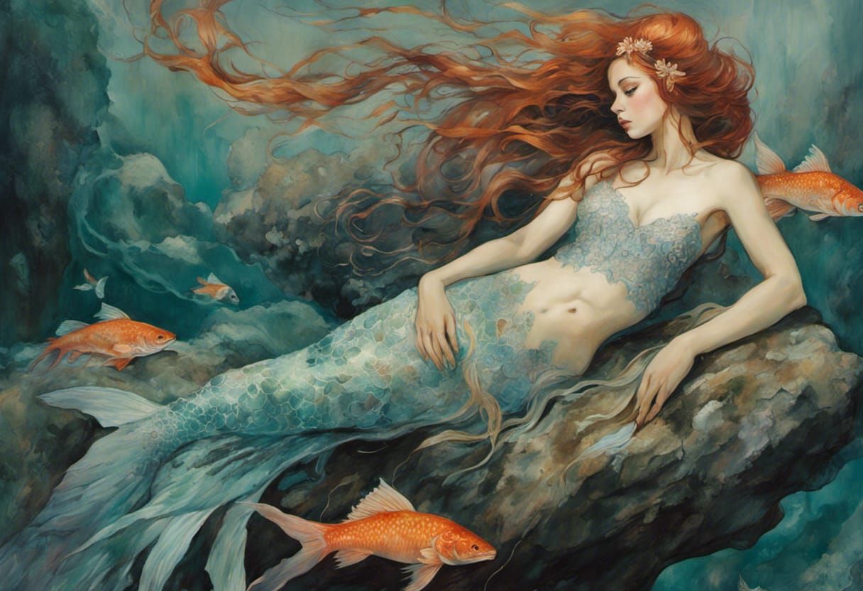 Gothic Mermaid Lounging on a Rock Art Print