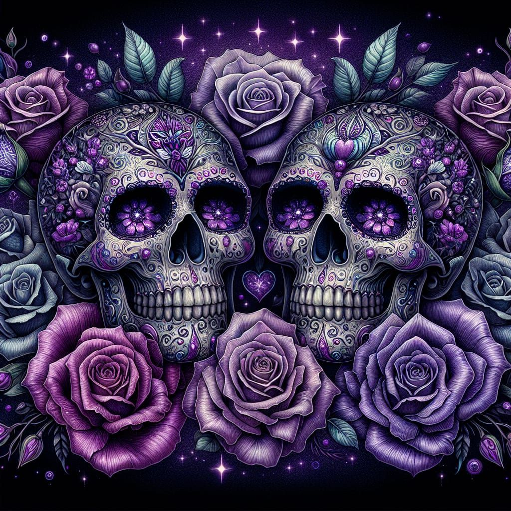 Ornate Sugar Skulls with Purple Roses