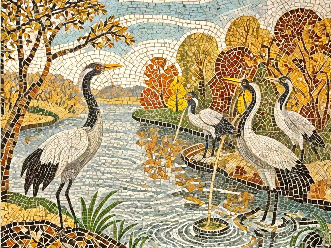 Roman Style Mosaic of Cranes Fishing in Autumn