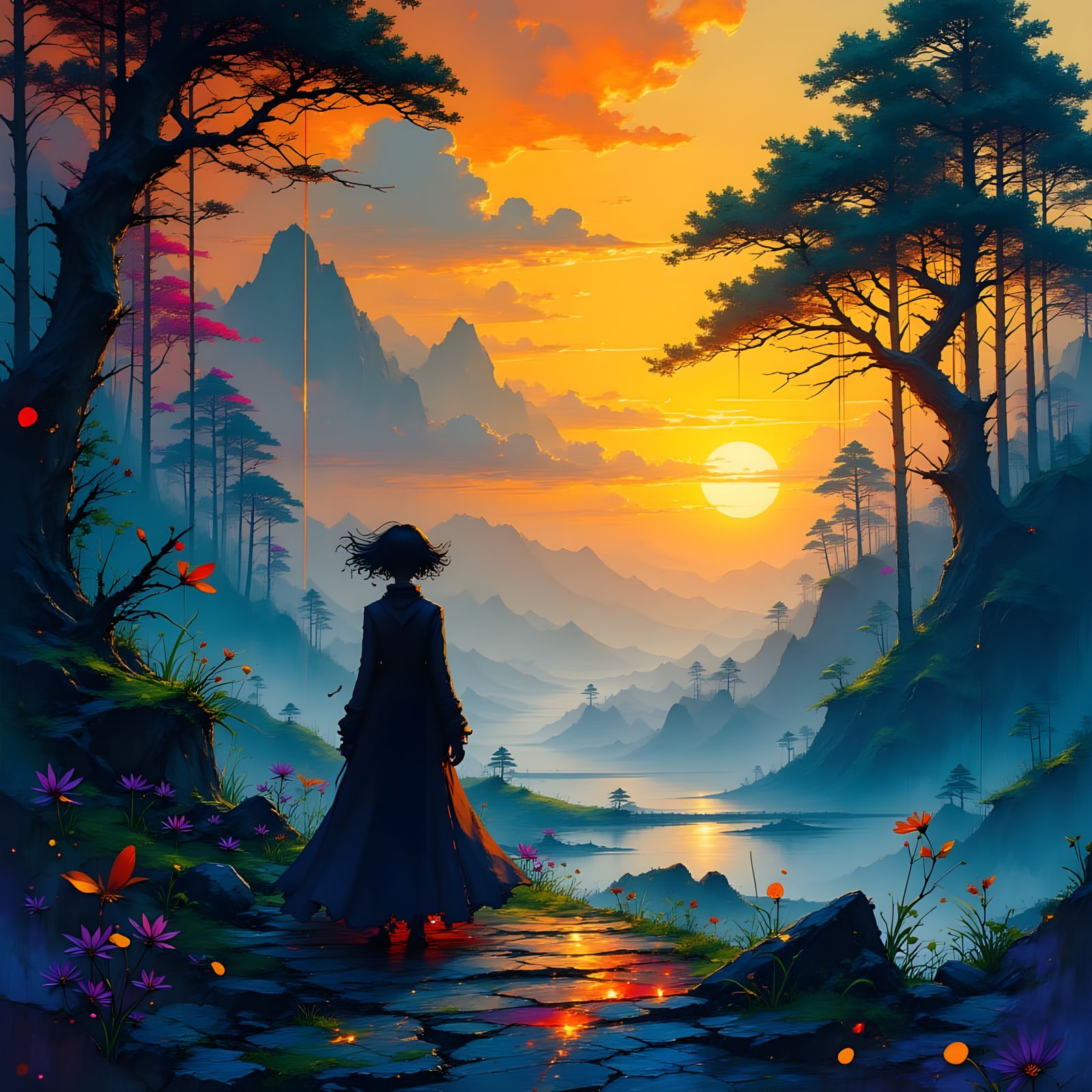 Fiery Figure and Shadow in Forest Landscape